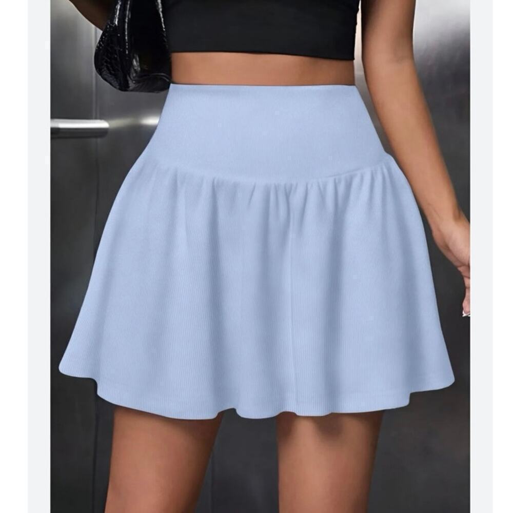 NWT SHEIN EZwear Light Blue Textured High Waist Skater Mini Skirt Size M